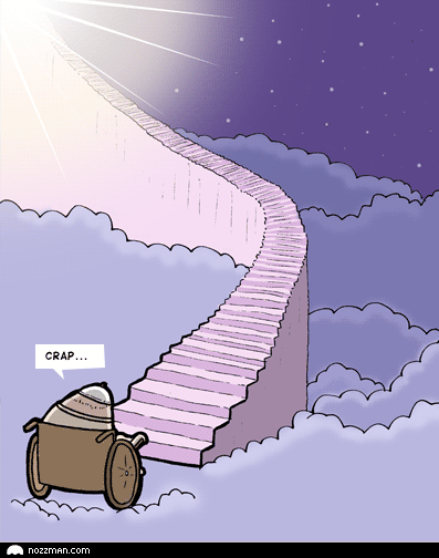 Helpless wheelchair user in front of the stairs to Heaven./Bezradný vozíčkář před schody do nebe.